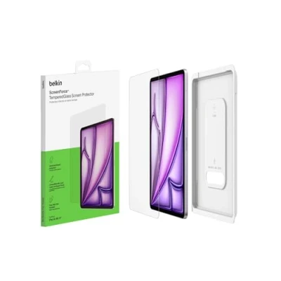 Image of Belkin ScreenForce TemperedGlass screen protector for iPad Air 13 inch, 9H hardness rating tempered glass, 0.33mm thin, scratch resistant with easy installation, compatible case and Apple Pencil