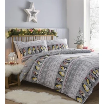 Image of Simply Charlotte Penguins Double Bed Duvet Cover Set Christmas Xmas Bedding Grey