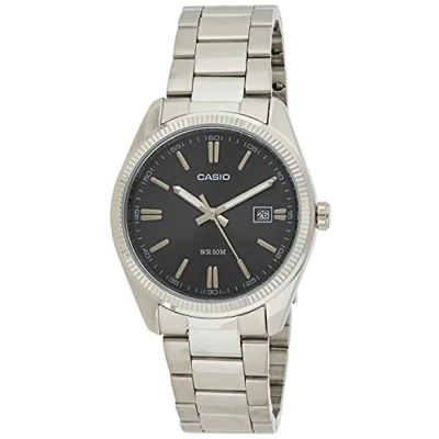 Image of Casio MTP 1302D 1A1 Classic Men&#039;s Watch Analogue Quartz Black Dial Grey Steel Strap, Black/Grey, Bracelet