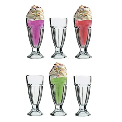 Image of Set of 6 Milkshake Soda Glasses 300ml Knickerbocker Glory Dessert Sundae Ice Cream American Diner Style Fountain Long Tall Smoothie Fruit Large