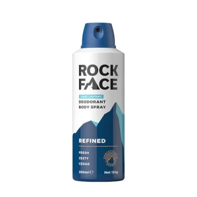 Image of Rock Face Refined Body Spray Deodorant 200ml Sandalwood &amp; Cedar Scent Fast Absorbing Non Staining Long Lasting