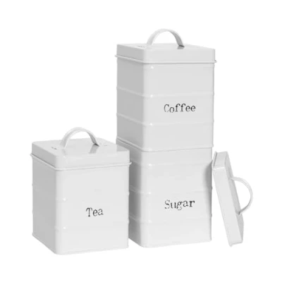 Image of Harbour Housewares Round Metal Tea Coffee Sugar Canisters White 3pc Set Vintage Kitchen Storage Loose Beans Granulated Airtight Container Food Preserve Caddy with Lid