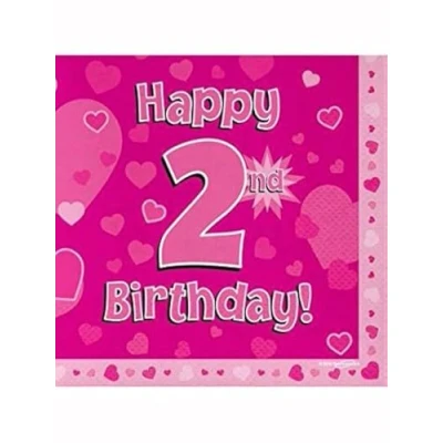 Image of Happy 2nd Birthday Pink Hearts Luncheon Napkins 16pk