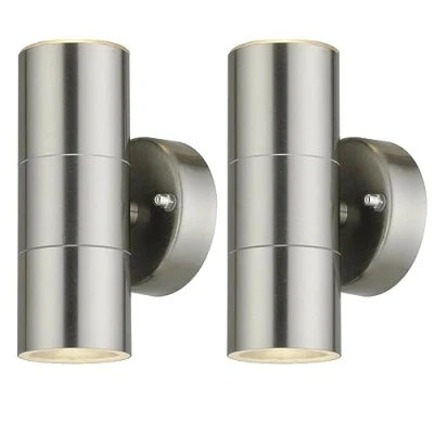 Image of Set of 2 Brushed Stainless Steel Outdoor Wall Lights Twin Up Down IP44 Light Modern Porch LED Compatible