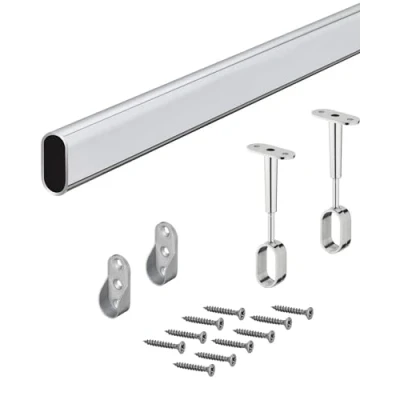 Image of Furniture Tube Oval Wardrobe Rail Metal Clothes 2000 mm with 2 Pieces Cabinet Bearings for Ceiling Mounting Chrome Plated Steel 30 x 15 1 Set Brackets