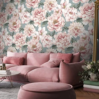 Image of Dimension Large Floral Wallpaper Modern for Living Room, Bedroom, Fireplace Decorative Luxury Nature Wall Paper with Delicately Illustrated Flowers (Pink/Musky Blue)