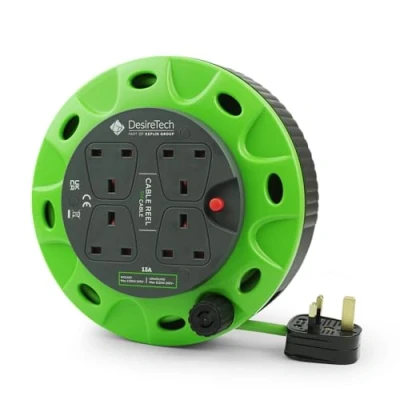 Image of Desiretech 5 Metre Portable Cable Reel Extension Lead 4 Shuttered Sockets, Thermal Cut Out, Ergonomic Handle, Green/Black Heavy Duty Cord for Indoor Use (5 Metre)