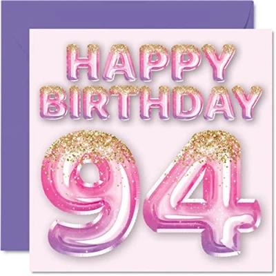Image of 94th Birthday Card for Women Pink &amp; Purple Glitter Balloons Happy Cards 94 Year Old Woman Mum Great Nanny Grandma Gran, 145mm x Ninety Four Fourth Greeting Gift