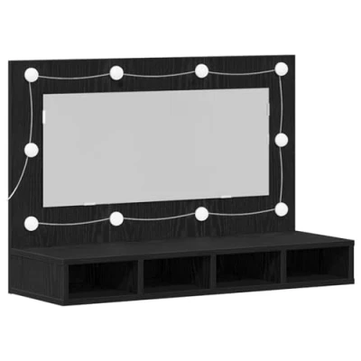 Image of vidaXL Mirror Cabinet Vanity Unit Black Oak Engineered Wood with LED Lights &amp; Shelves Wall Mounted 90 x 31.5 62 cm