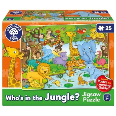 Image of Orchard Toys Who&#039;s in the Jungle? Jigsaw Puzzle, 25 Piece Jungle Themed For Kids Age 3+, Includes Poster and Educational Learing Guide
