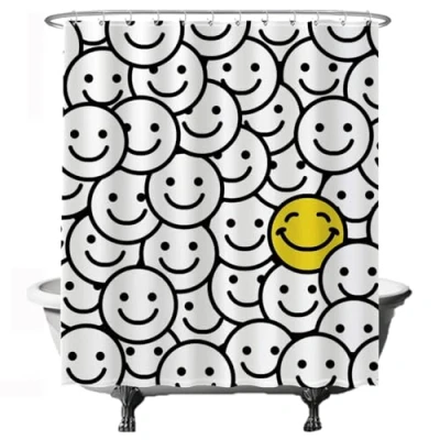 Image of Ulticool Smiley Shower Curtain 180 x 200 cm Bathroom Washable Mould proof with 12 Rings White Yellow Black