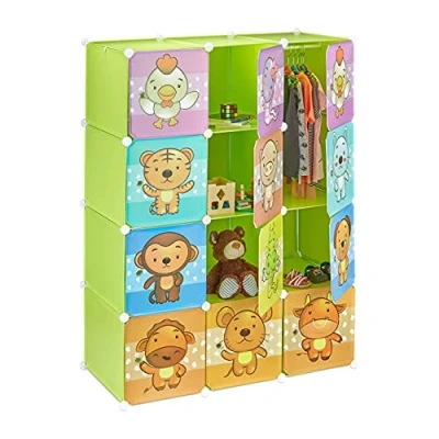 Image of Relaxdays Children’s Modular Shelf, Cute Animal Prints, Plastic System, Doors, Wardrobe, Clothes Rails, Green