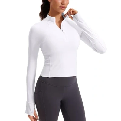 Image of CRZ YOGA Women&#039;s Butterluxe 1/2 Zip Long Sleeve Shirts Sports Crop Tops Gym Sweatshirt Running Cropped Jacket Pullover with Thumbhole White 6