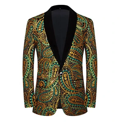 Image of PYJTRL Men&#039;s Shiny Sequins Suit Jacket Classic Floral Fashion, Suitable for Parties, Weddings, Banquets, Proms,Green Gold,L