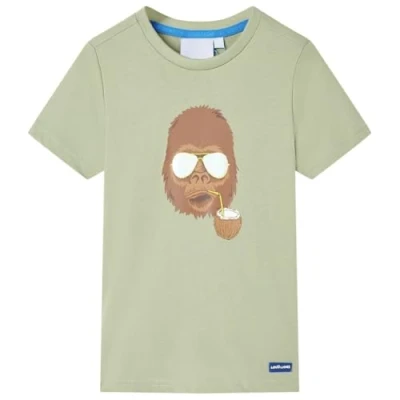 Image of vidaXL Light Khaki Children&#039;s Cotton Tee Gorilla and Coconut Design Round Neck Kids&#039; T Shirt Short Sleeved Top for Everyday Wear Size 128 Ages 7 8