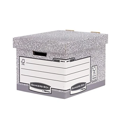 Image of 10 BANKERS Box System Heavy Duty R Kive Large Storage with Lids Cardboard for Office Archive Boxes Handles W33.3 x H28.5 D39cm (Pack of 10) Grey
