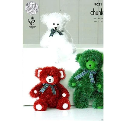 Image of King Cole Tinsel Chunky Knitting Pattern 9021 Teddy Bear Toys Family (To Knit Small Large)