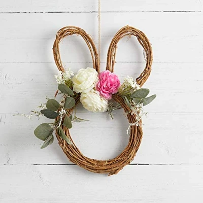 Image of Lights4fun 38cm Artificial Bunny Ears &amp; Flowers Wreath Decoration for Front Door Indoor Wall