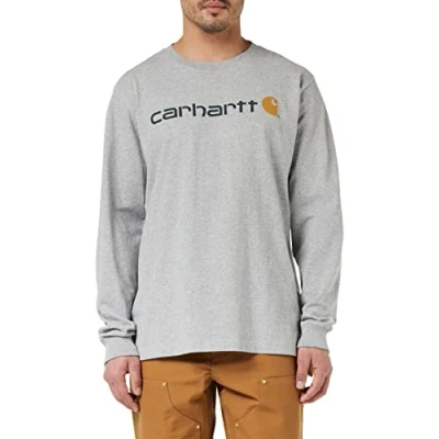 Image of Carhartt Men&#039;s Relaxed Fit Heavyweight Long Sleeve Logo Graphic T Shirt, Heather Grey, XL
