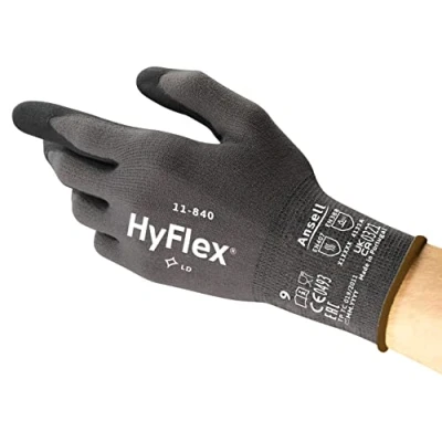 Image of Ansell HyFlex 11 840 Professional Work Gloves, Abrasion Resistant Nitrile Coating with Firm Grip, Multipurpose Protection Mechanical and Industrial Safety, Black, Size S (1 Pair)