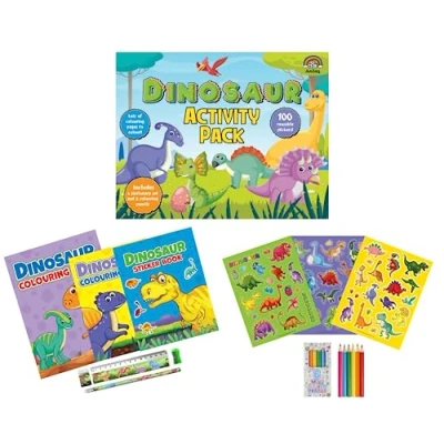 Image of Anila&#039;s Dinosaur Activity Pack with Colouring Books, Sticker book, Stationery Set, Pencils &amp; 100 Reusable Stickers.(Perfect for children aged 3 8).