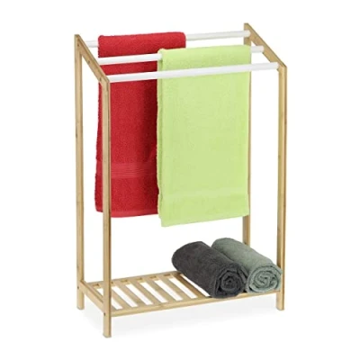 Image of Relaxdays Free Bamboo Towel Holder, HxWxD: 78 x 53 24 cm, 3 Rails and 1 Shelf, Clothes Stand, Natural/White
