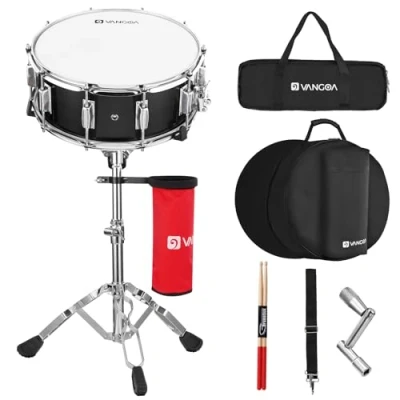 Image of Vangoa Snare Drum Set, Student Kit with Stand, Mute Pad, 5A Sticks, Keys, 14&quot;X 5.5&quot; Black