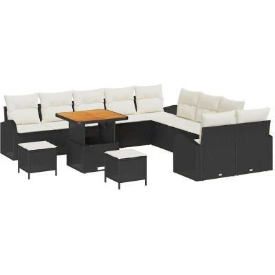 Image of vidaXL 13 Piece Garden Sofa Set with Cushions Black Poly Rattan Acacia