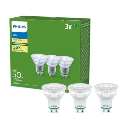 Image of PHILIPS Lighting Ultra efficient LED Bulb (3 Pack), GU10, 2.4w (Eq. 50w), Cold White Light (4000K) Energy Efficiency B