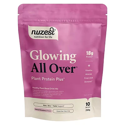Image of Nuzest Protein Plus Glowing All Over Strawberry Support of Healthy Hair, Skin, Nails and Collagen Production Vitamins Minerals 250g (10 Servings)