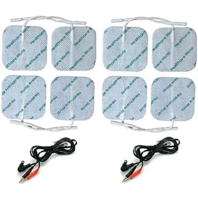 Image of Tens Electrode Pads (8pcs) 5x5 cm Square Self Adhesive Electrodes and Required Connection Leads Compatible with Tenscare, Neurotrac, Auvon, Elle Machines