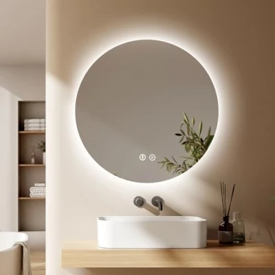Image of EMKE 800x800mm Round Bathroom Led Mirror, Illuminated Backlit Wall Mounted Vanity Mirror with Bluetooth, Defogging, Brightness Adjustment, Smart Circle for