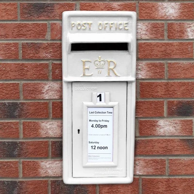 Image of Royal Mail Post Box with Floor Stand ER Cast Iron Wall Mounted Wedding Authentic Pillar Replica Lockable Office Letter White