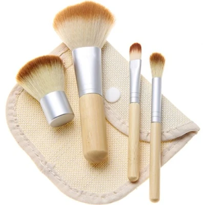 Image of SupplyEU 4pcs Bamboo Makeup Brush Set with a Cosmetic Bag Powder Eyebrow