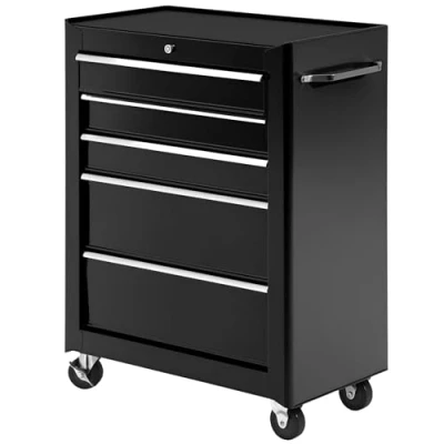 Image of HOMCOM 5 Drawer Lockable Steel Tool Storage Cabinet with Wheels Handle 2 Keys Organisation Box Unit Chest Garage DIY Workshop Trolley Black