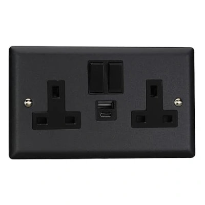 Image of Varilight Urban Matt Black 2 Gang 13A Single Pole Switched Socket with 1x USB A &amp; C Charging Ports