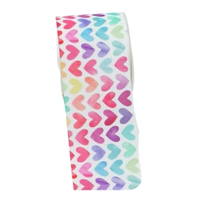 Image of Twinkle Star Baby Rainbow Coloured Heart Printed Grosgrain Ribbon. 2 Metres Length. 25mm or 38mm Width.