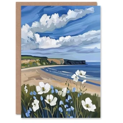 Image of Artery8 Greeting Card Saltburn Hunt Cliff Yorkshire Wildflowers Digital Blank For Him Or Her Art Birthday