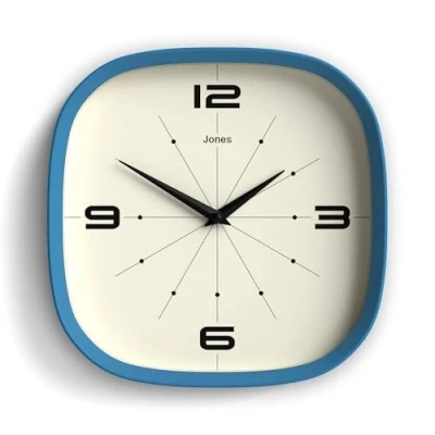 Image of Jones Clocks® Pulsar wall clock Retro rounded square 25cm Blue Cool designer look for kitchen, living room or office