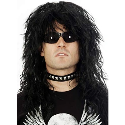 Image of ALLAURA 80s Rocker Mullet Wig Black Men&#039;s Big Hair Band Punk Rock Costume