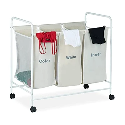 Image of Relaxdays Laundry Sorter with 3 Labelled Compartments, Casters Brakes, 100L Capacity, HxWxD 76 x 80 46cm, Beige,10028916