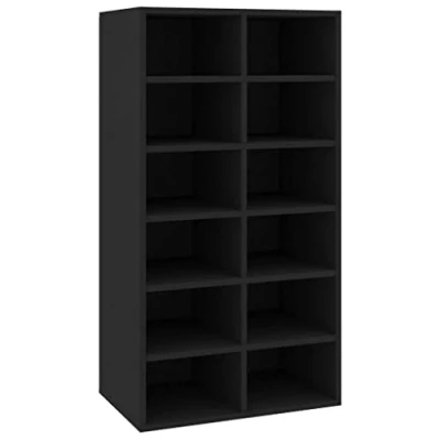 Image of vidaXL Shoe Rack Organiser with 12 Compartments, Engineered Wood, Robust and Sturdy, Easy to Assemble, Black