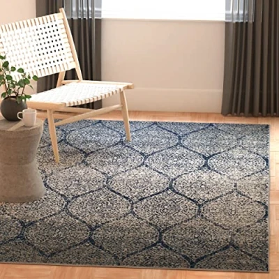 Image of SAFAVIEH Modern Chic Rug for Living Room, Dining Bedroom Madison Collection, Short Pile, in Navy and Silver, 91 X 152 cm