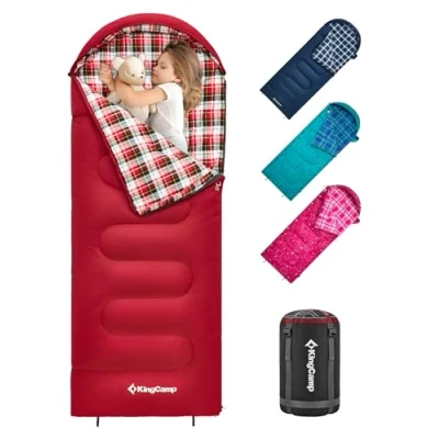 Image of KingCamp Kids Sleeping Bag Children 3 4 Season Winter Flannel Liner Cotton Warm Lightweight Single for Camping Hiking Backpacking Outdoor with Compression Sack Girls Boys 170x70cm
