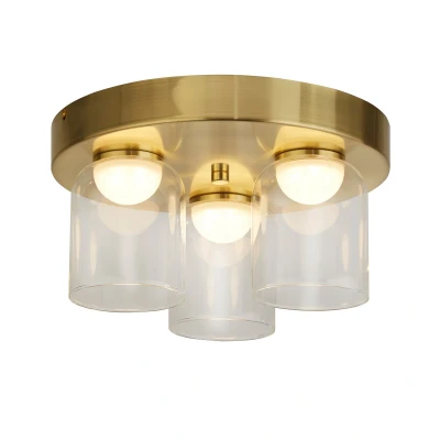 Image of Highball LED 3 Light Flush Ceiling , Satin Brass &amp; Clear Glass IP44