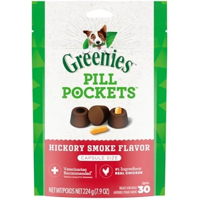 Image of Greenies PILL POCKETS for Dogs Capsule Size Natural Soft Dog Treats, Hickory Smoke Flavor, 7.9 oz. Pack (30 Treats)