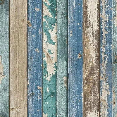 Image of SOPHIE LAURENCE Rustic Wood Distressed Plank Effect Realistic Wallpaper for Bedroom Bathroom Living Room (Sample Blue Cabin Beige)