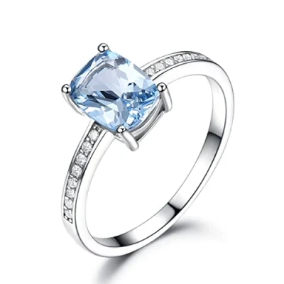 Image of ZLING Rectangle Created Sky Blue Topaz Ring Real 925 Sterling Silver Jewelry Colorful Gemstone Rings For Women Gift Fine