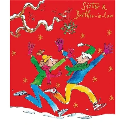 Image of Woodmansterne Sister and Brother in Law Christmas Card Couple Playing Snow with Foil Embossed Finish Quentin Blake Illustration Eco Friendly Recyclable
