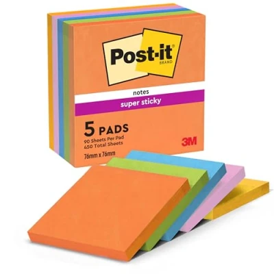 Image of Post it Super Sticky Notes, Double the Sticking Power, 5 Pads, 450 Sheets, 76 mm x mm, Blue, Green, Orange, Pink, Yellow Colors Self Notes for Walls, Monitors and Fridge